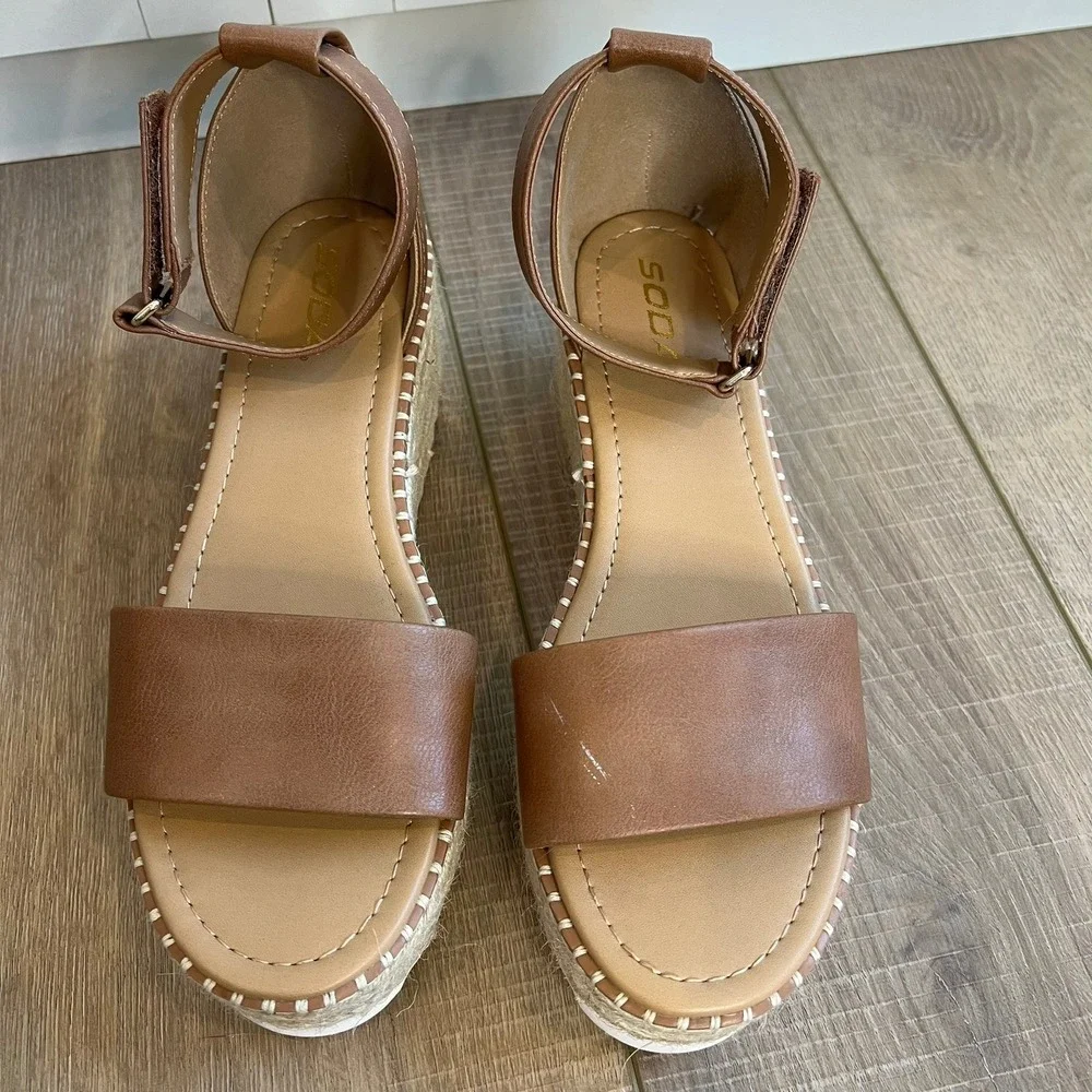 Soda Platform Wedge Sandals Cognac Brown Espadrille Ankle Strap Size 9 - Picture 3 of 9